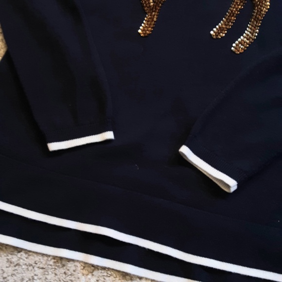 Navy Red & White Lightweight Holiday Sweater Gold Sequined Reindeer Sz XS - Picture 5 of 12